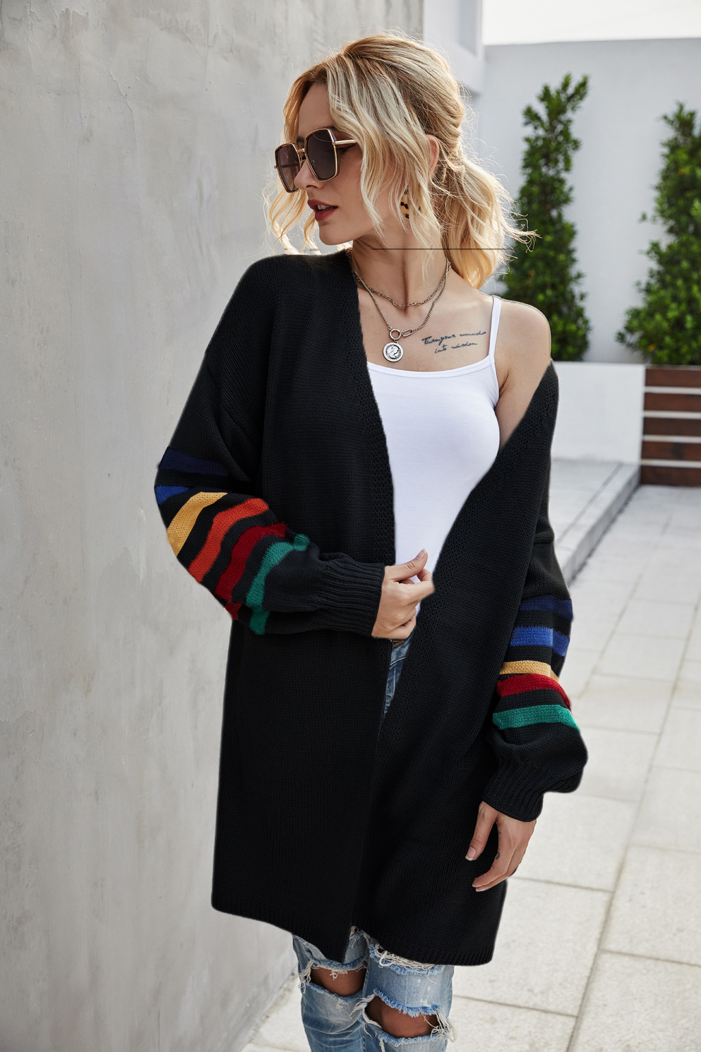 Women's Loose Knit Cardigan Sweater with Batwing Sleeves