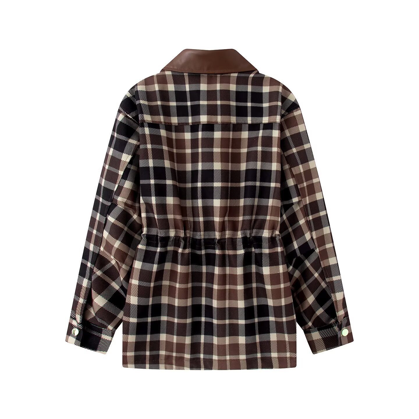 Retro Color-Block Plaid Collared Waist-Cinched Woven Jacket Top
