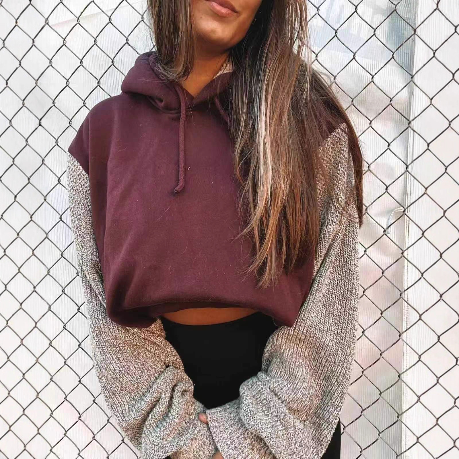 Women's Color-Block Hooded Long-Sleeve Knit Cropped Sweatshirt
