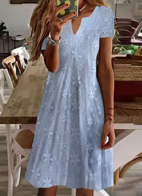 Elegant Solid V-Neck Short Sleeve Dress