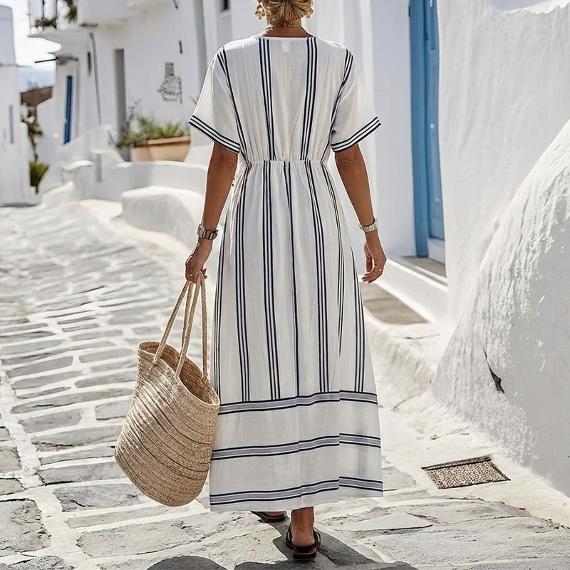 Women's Striped V-Neck A-Line Midi Dress Casual Loose Fit