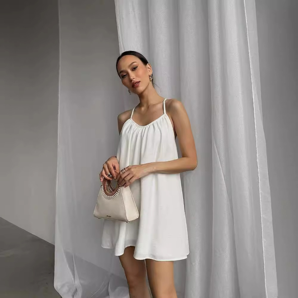 Women's Sleeveless Backless A-Line Mini Dress V-Neck High Waist Solid Beach Dress