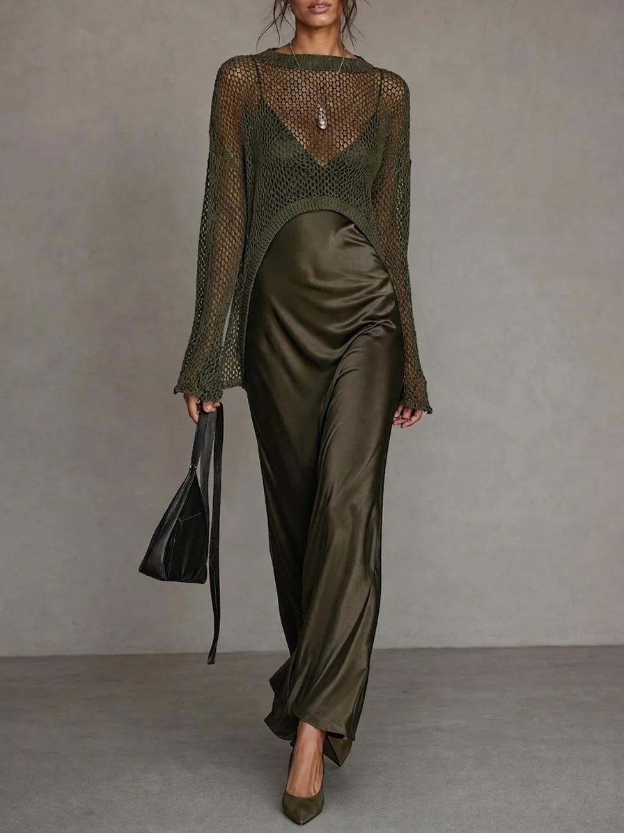 Women's Solid Color Long Sleeve Crewneck Top and Long Skirt Two-Piece Set