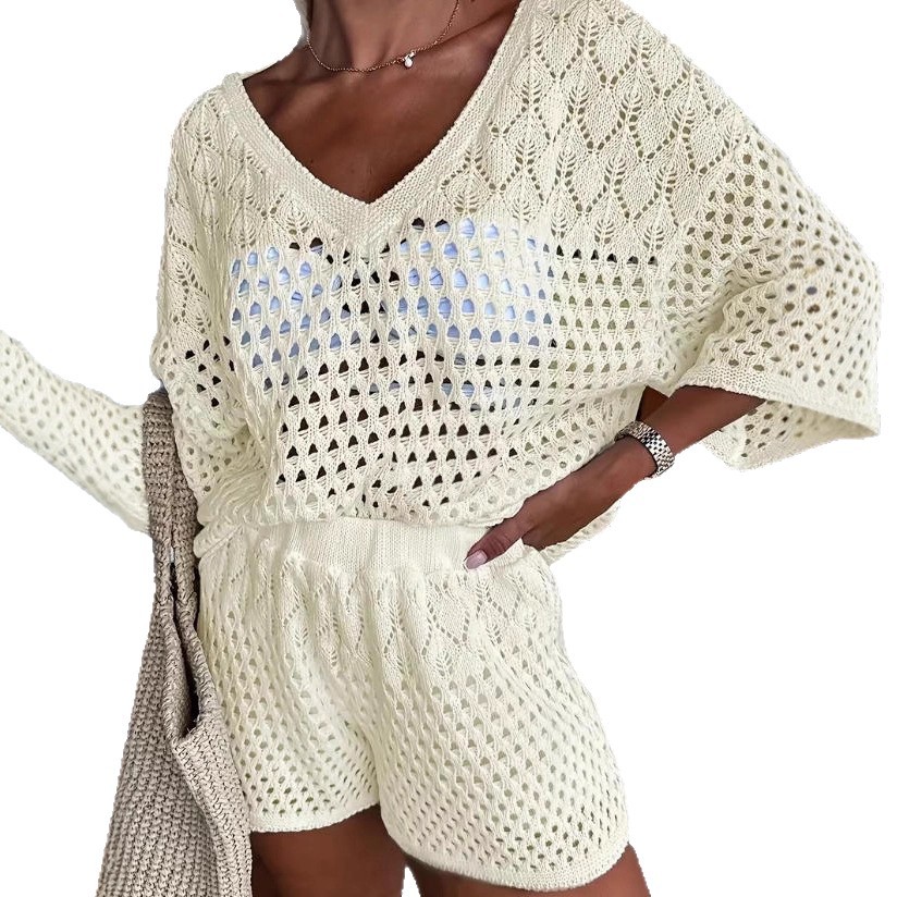 Women's V-Neck Hollow-Out Knit Two-Piece Set Casual Spring Summer
