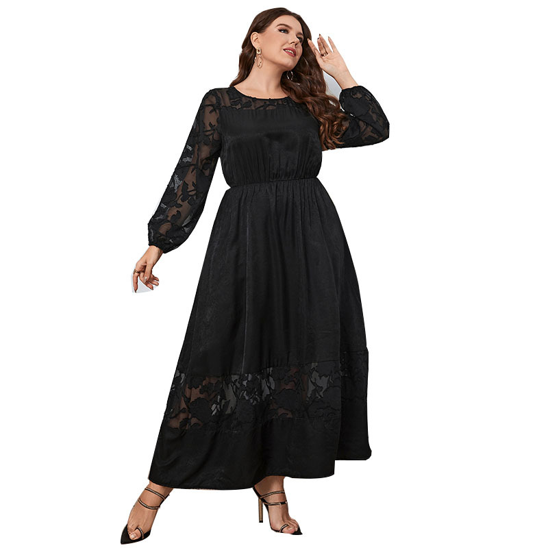 Women's Lace Over-Knee Long Sleeve Dress Slimming Black