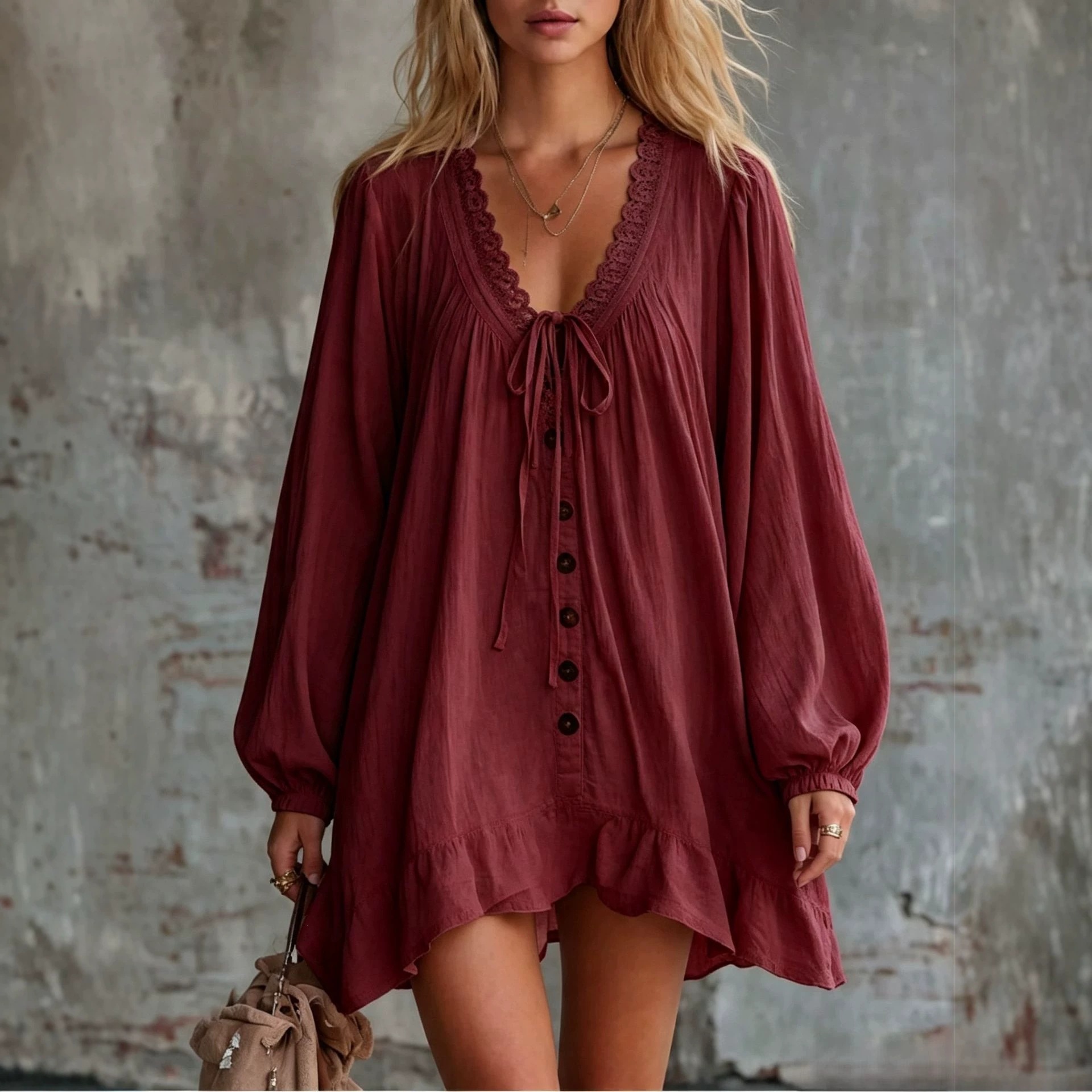 Women's Lace Trim V-Neck Tie Lantern Sleeve Loose Long Sleeve Dress