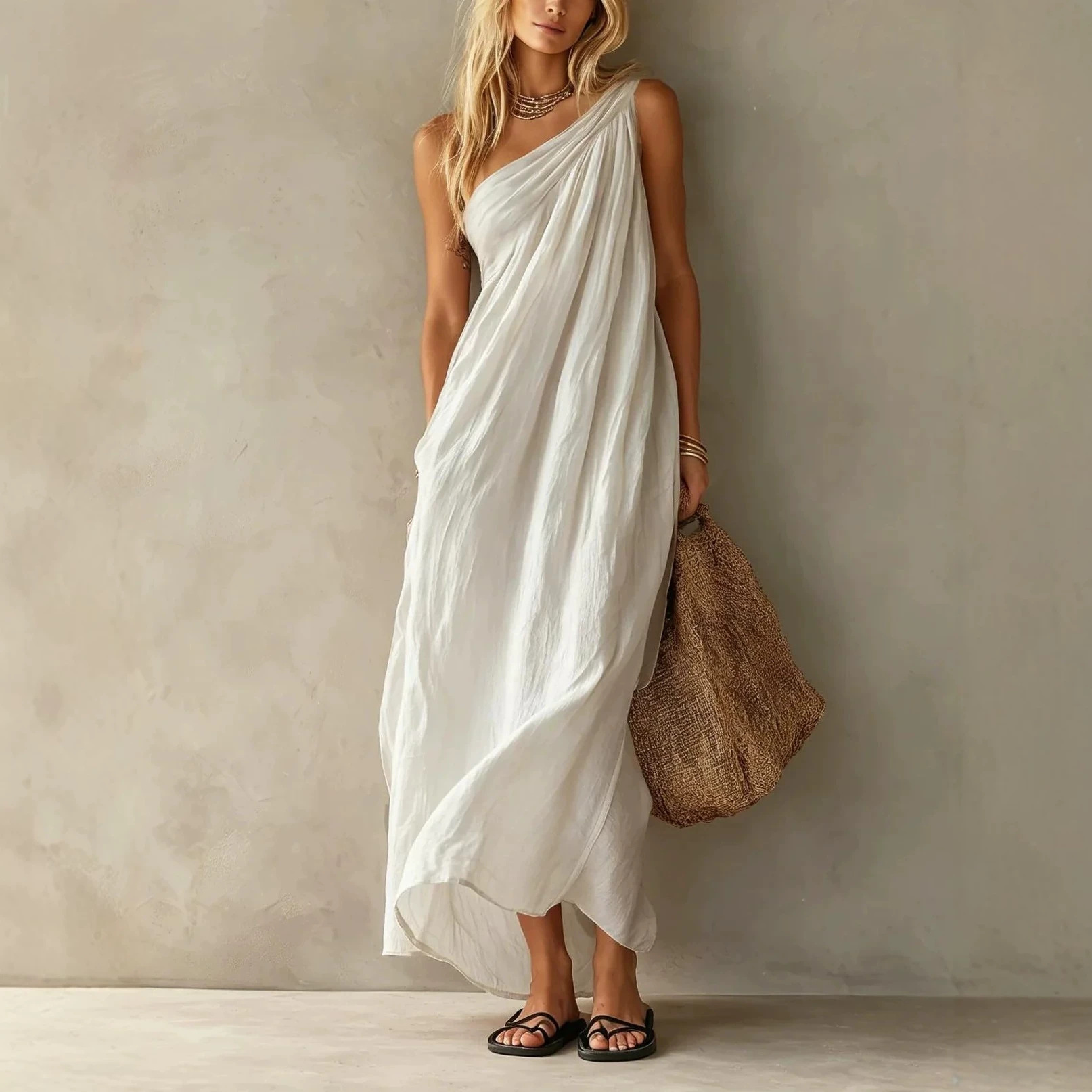Slouchy One-Shoulder Ruched Long Dress with Pockets