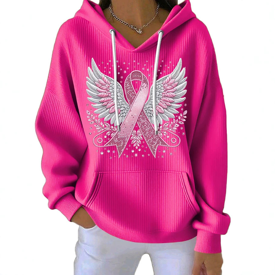 Women's Ribbed Knit Cartoon Print Hooded Long Sleeve Sweatshirt