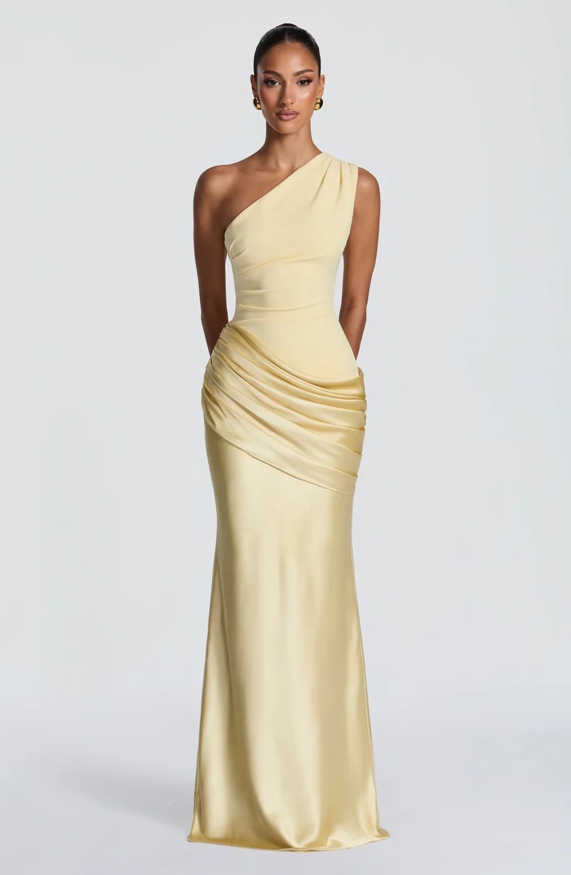One-Shoulder Ruched Satin Bodycon Maxi Dress
