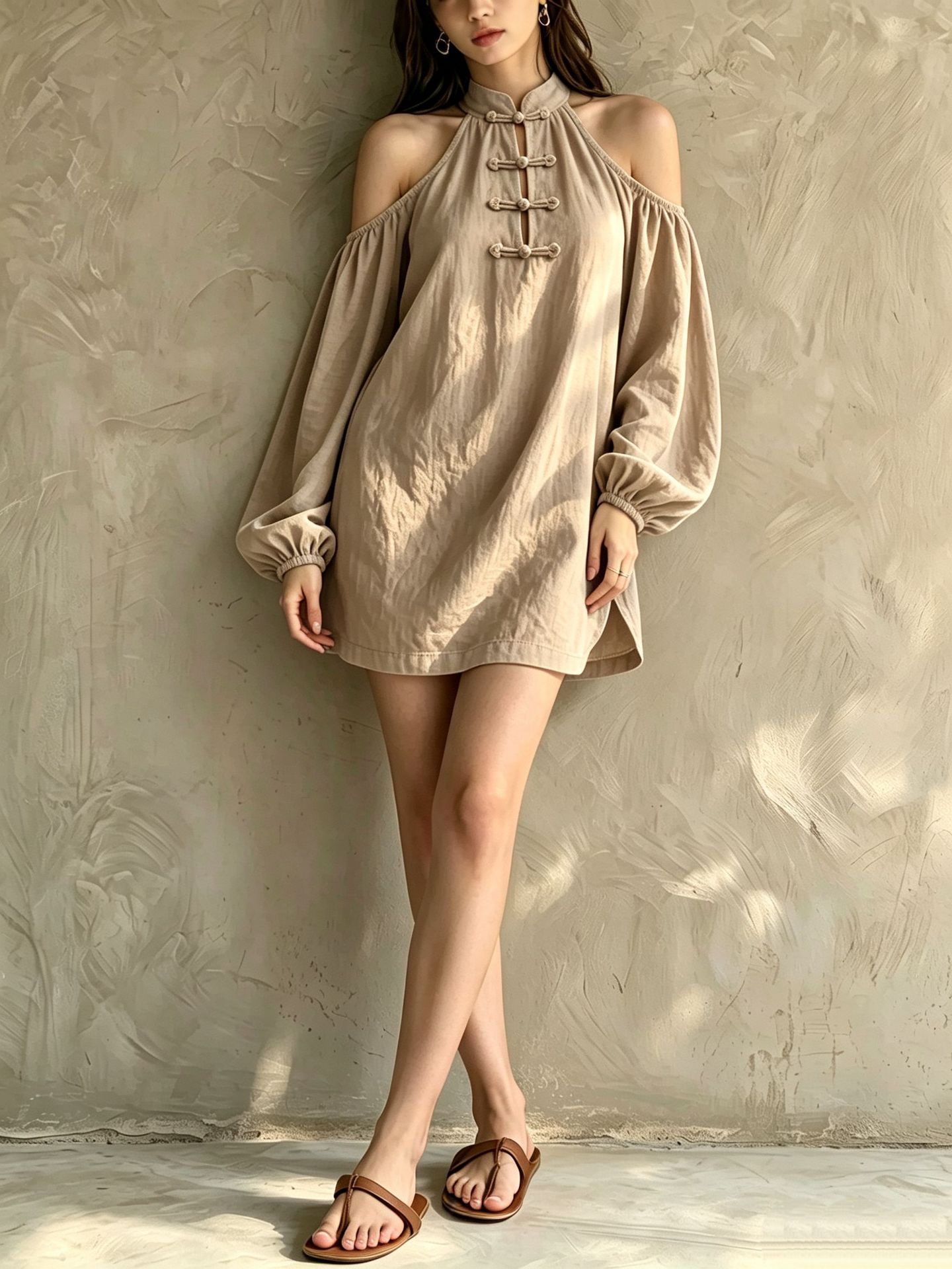 Off-Shoulder Retro Long-Sleeve Solid Color Loose Casual Dress