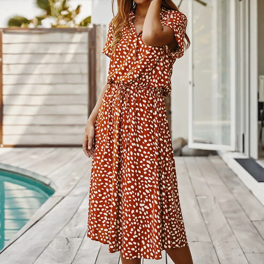 Women's Polka Dot Button-Front Tie Dress with Stone Floral Print