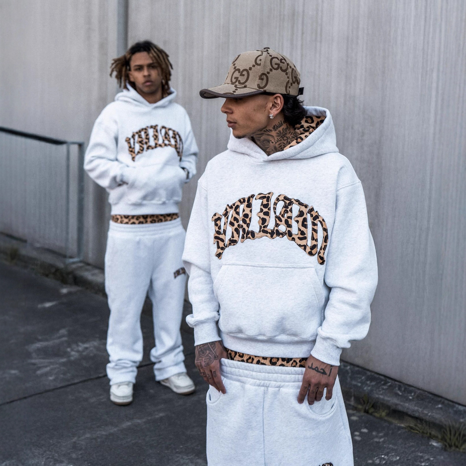 Unisex Leopard Print Embroidered Hoodie Set with Lined Hood