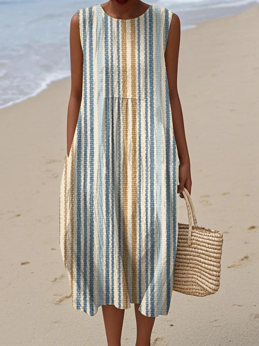 Women's Retro Multicolor Striped Floral Sleeveless Midi Dress