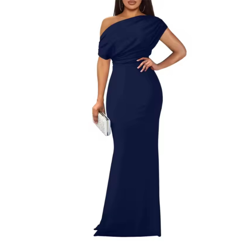 Elegant Solid One-Shoulder Ruched Bodycon Dress