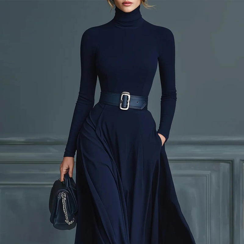 Women's High Neck Long Sleeve Solid Color Waist-Cinching A-Line Maxi Dress