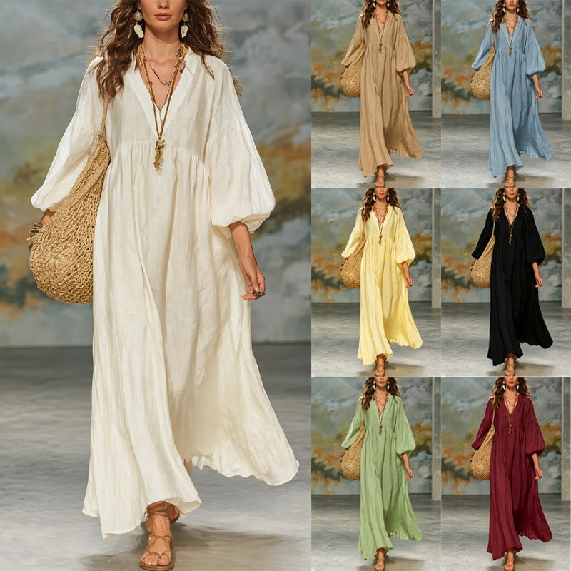Boho Deep V Lantern Sleeve Maxi Dress