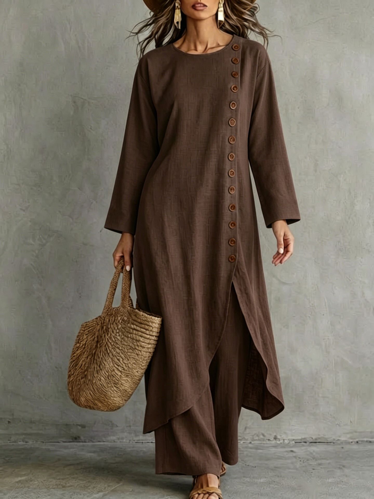 Solid Color Loose Button Round Neck Long Sleeve Dress