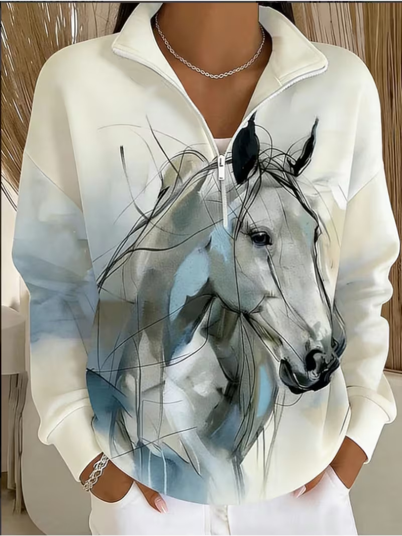 Cute Animal Print Half-Zip Hoodie for Women