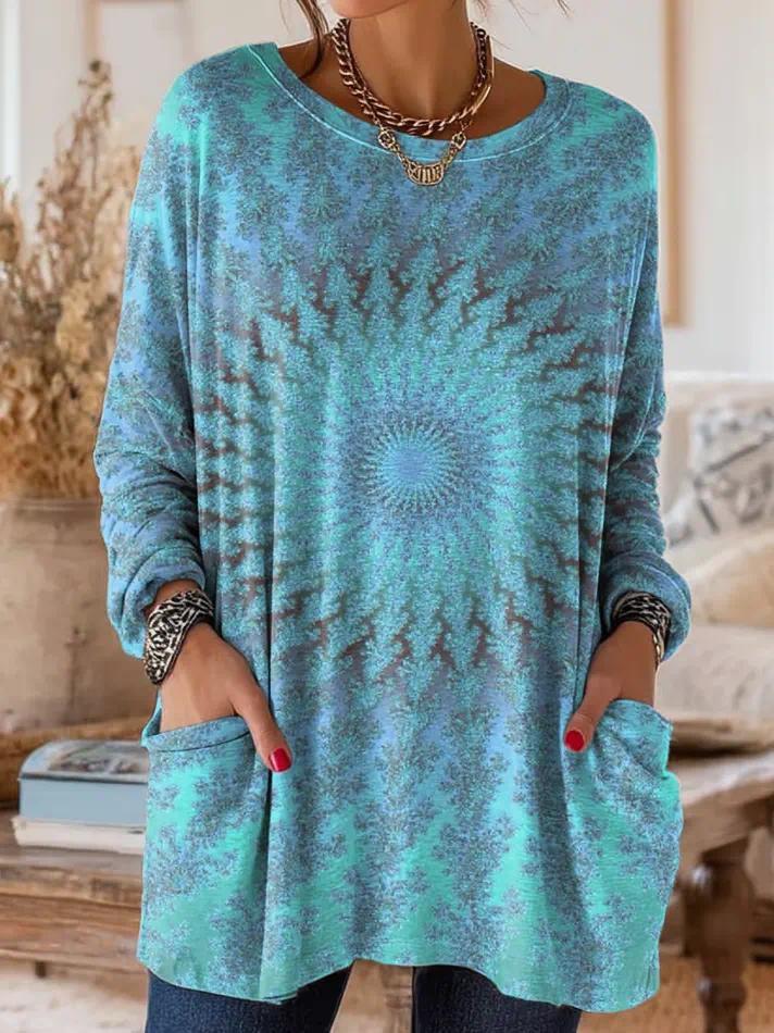 Women's Animal Print A-Line Midi Dress Long Sleeve Crew Neck Casual