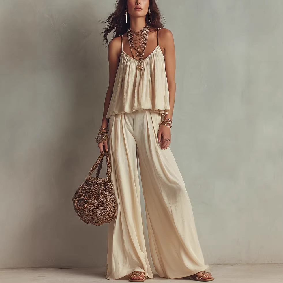 French Square-Neck Cami & Wide-Leg Pants Two-Piece Set