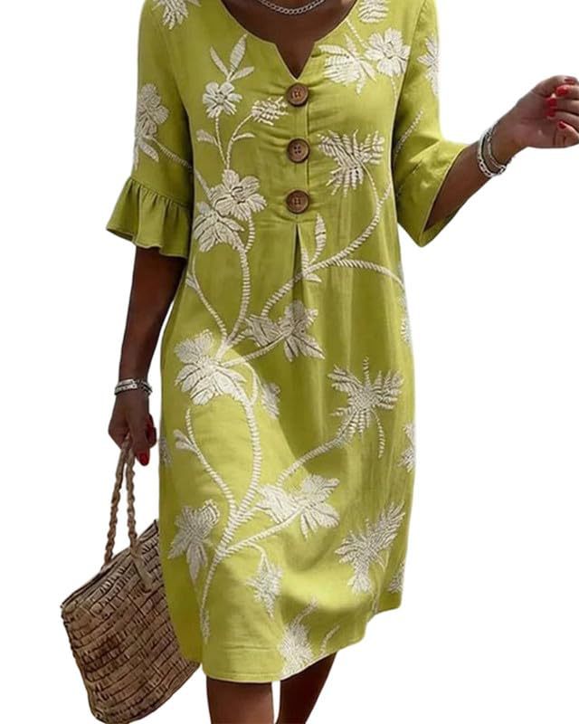 Women's Floral Print Ruched Three-Button Rolled-Sleeve Dress