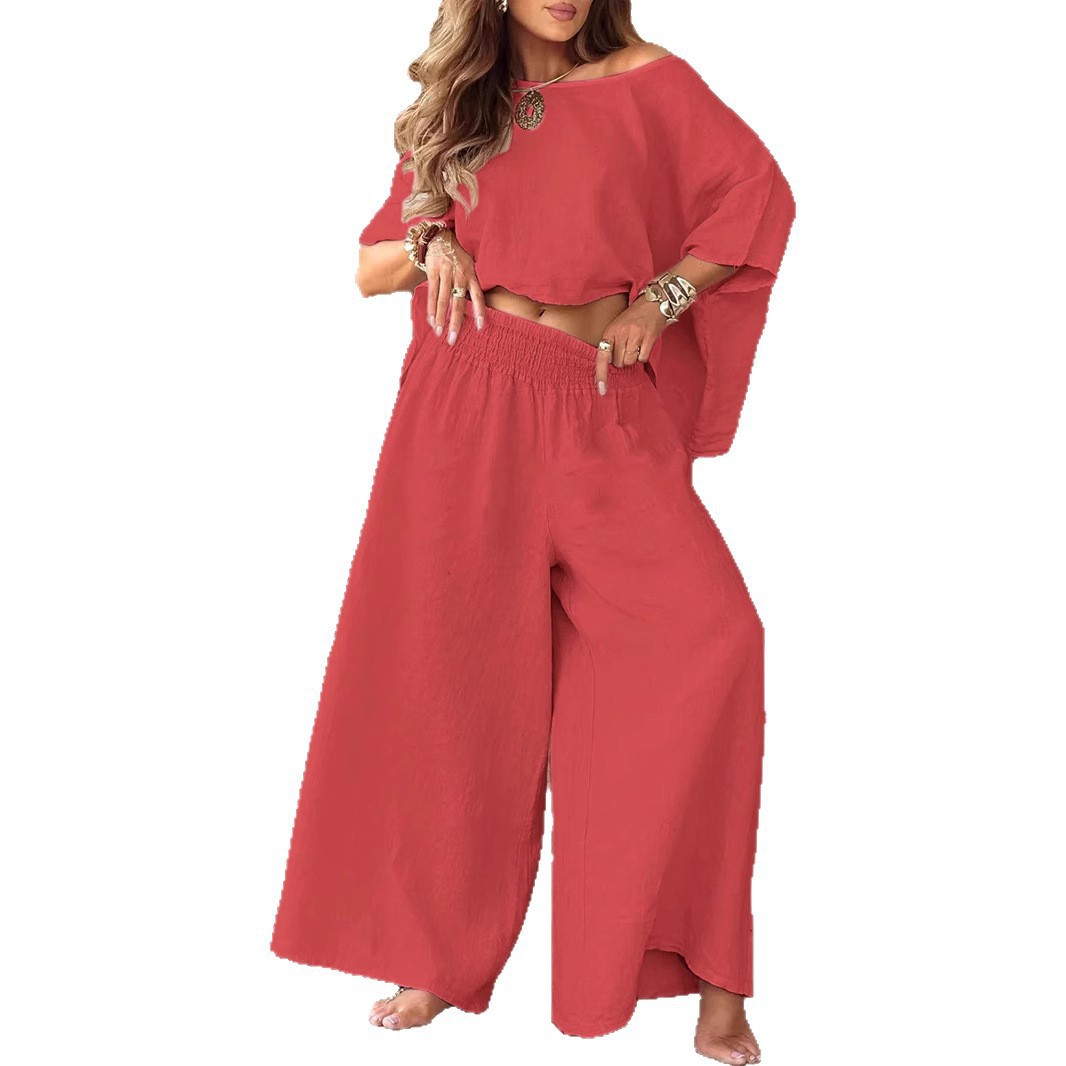 Women's Solid Color Off-Shoulder Bell Sleeve Top Set Casual Loose Summer Two-Piece
