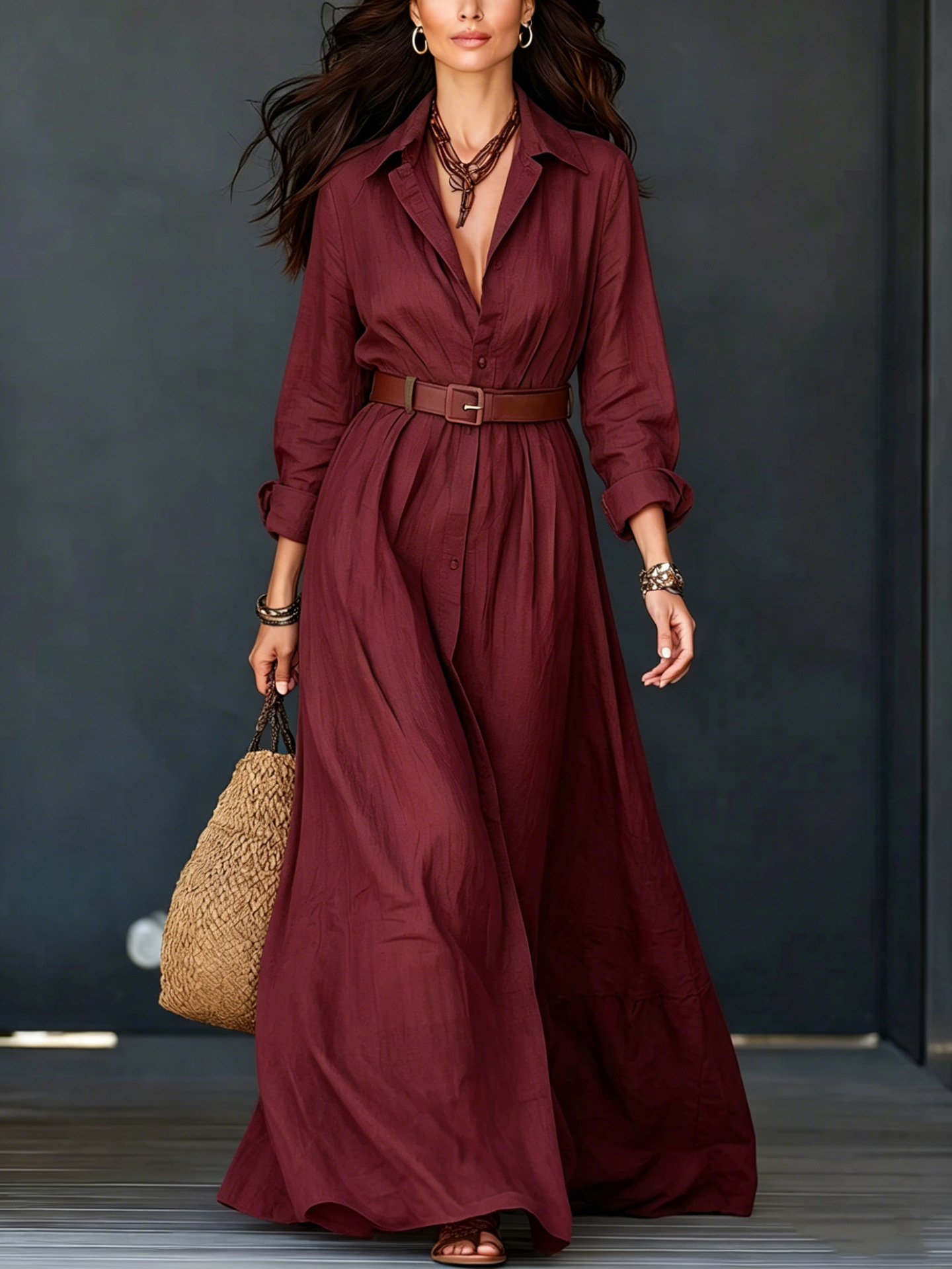 Cotton-Linen Shirt Dress with Collar, Long Sleeves, Belted Waist, Floor-Length