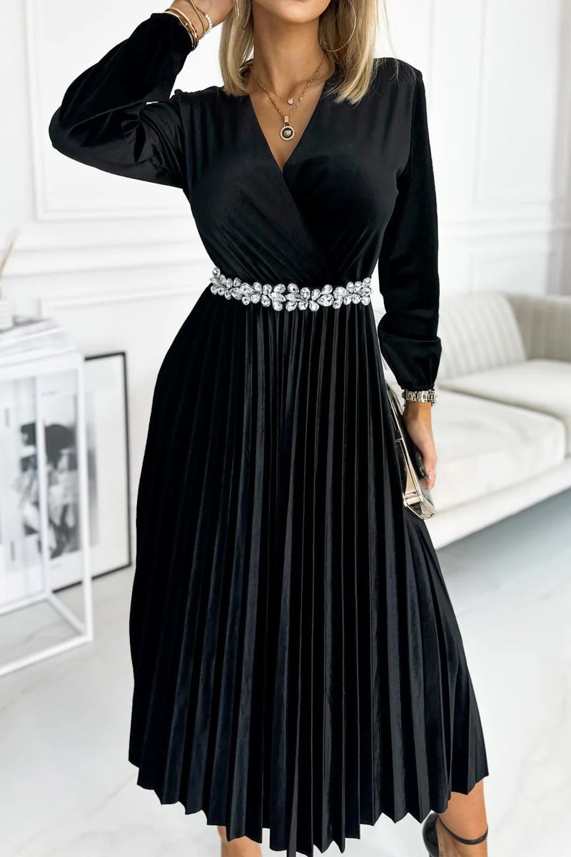 Solid V-Neck Velvet Pleated A-Line Midi Dress