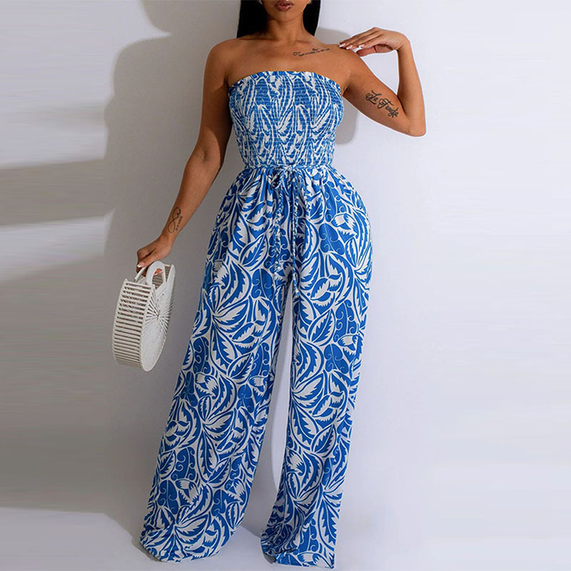 Women's Printed Strapless Wide-Leg Jumpsuit with Open Back and Cinched Waist