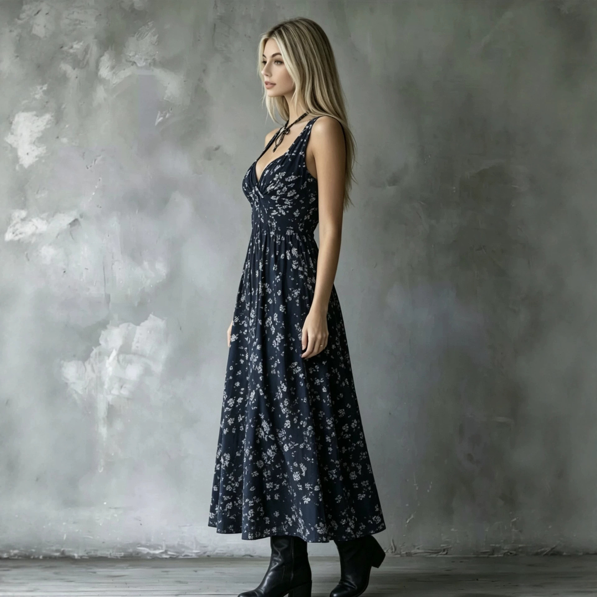 Women's Halter Floral Midi Dress V-Neck Waist-Cinching A-Line Vacation