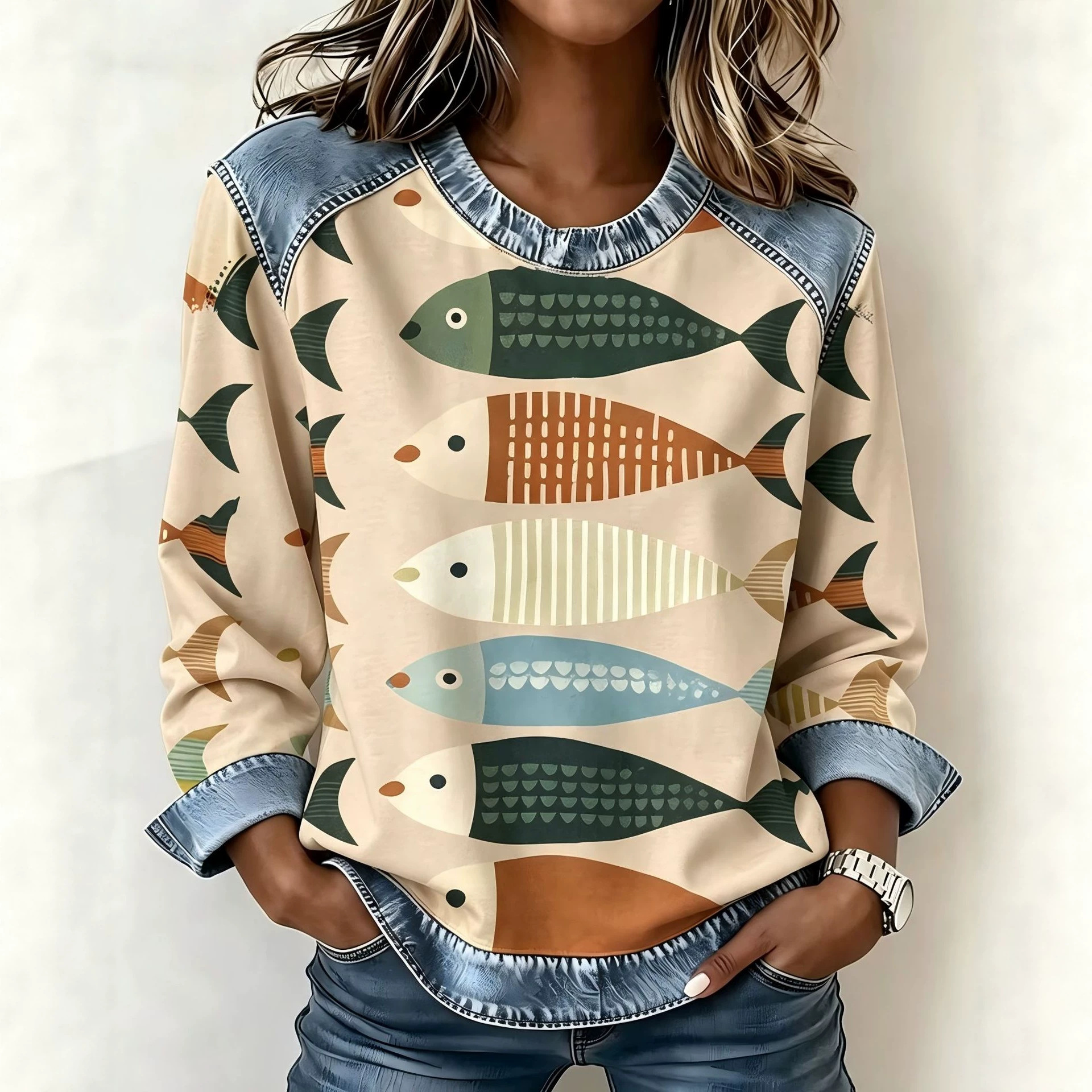 Women's Sailfish Print Casual Pullover Sweatshirt
