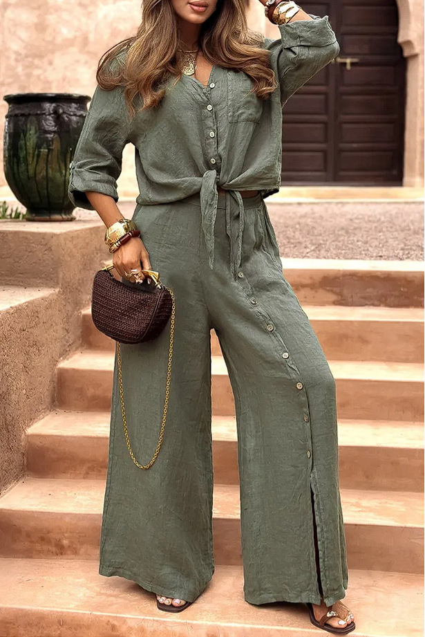 Women's Lapel Collar Button-Front Split Hem Solid Color Pant Set