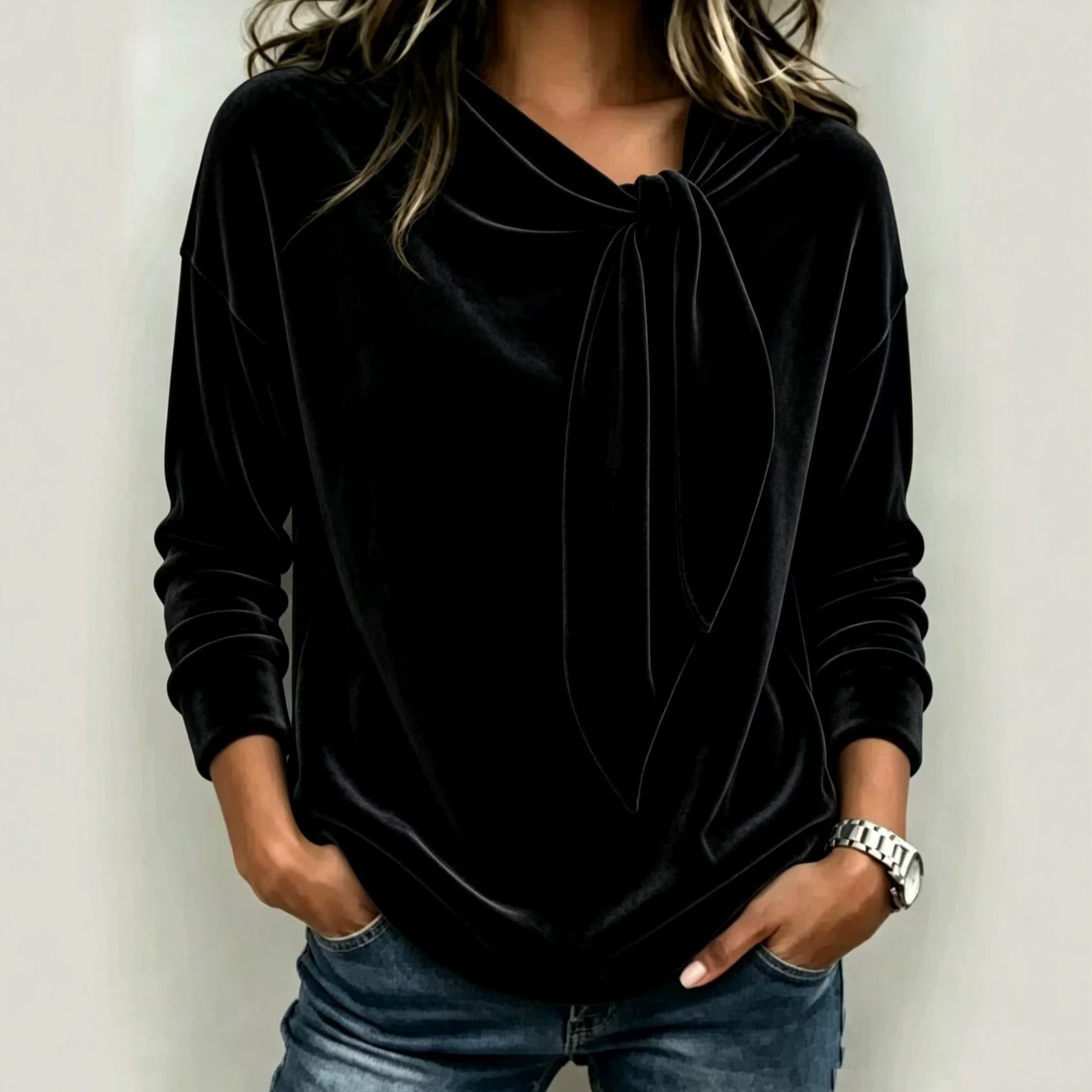 Velvet Bow Sweater Solid Color Pullover Women's Top