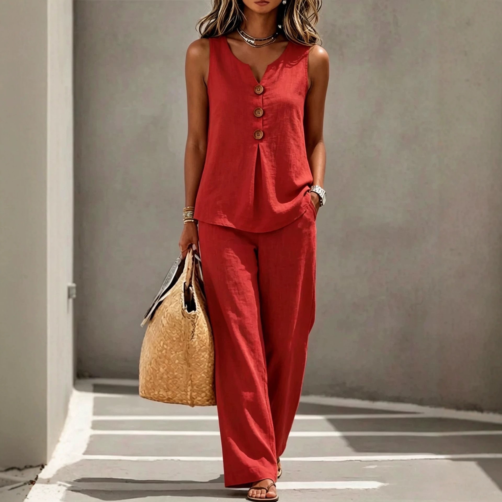 Women's V-Neck Button Sleeveless Tank Top and Pants Two-Piece Set