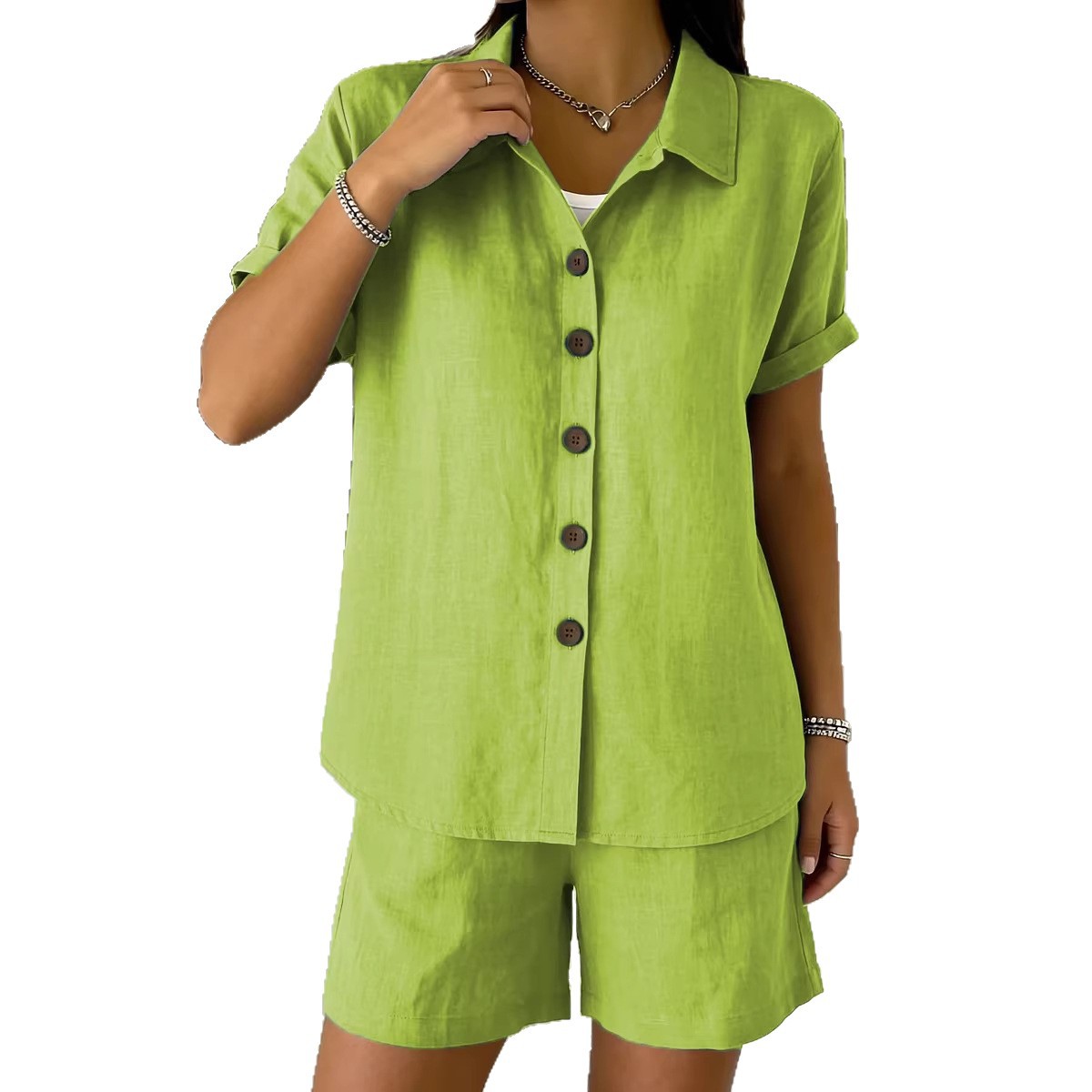 Women's Casual Button Cotton-Linen Short-Sleeve Shirt Set