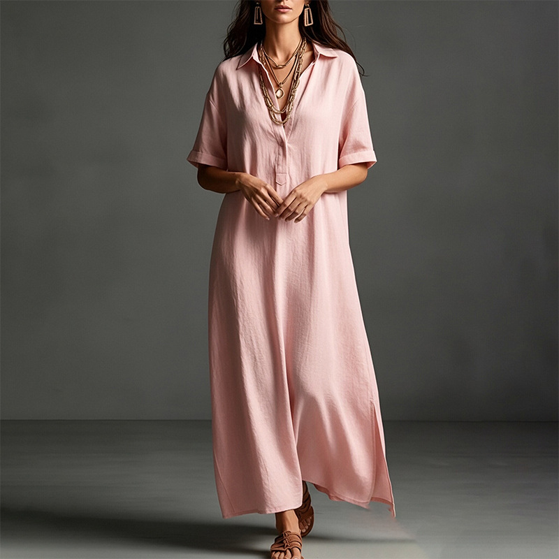 Women's Summer Collared Solid Color A-Line Midi Dress