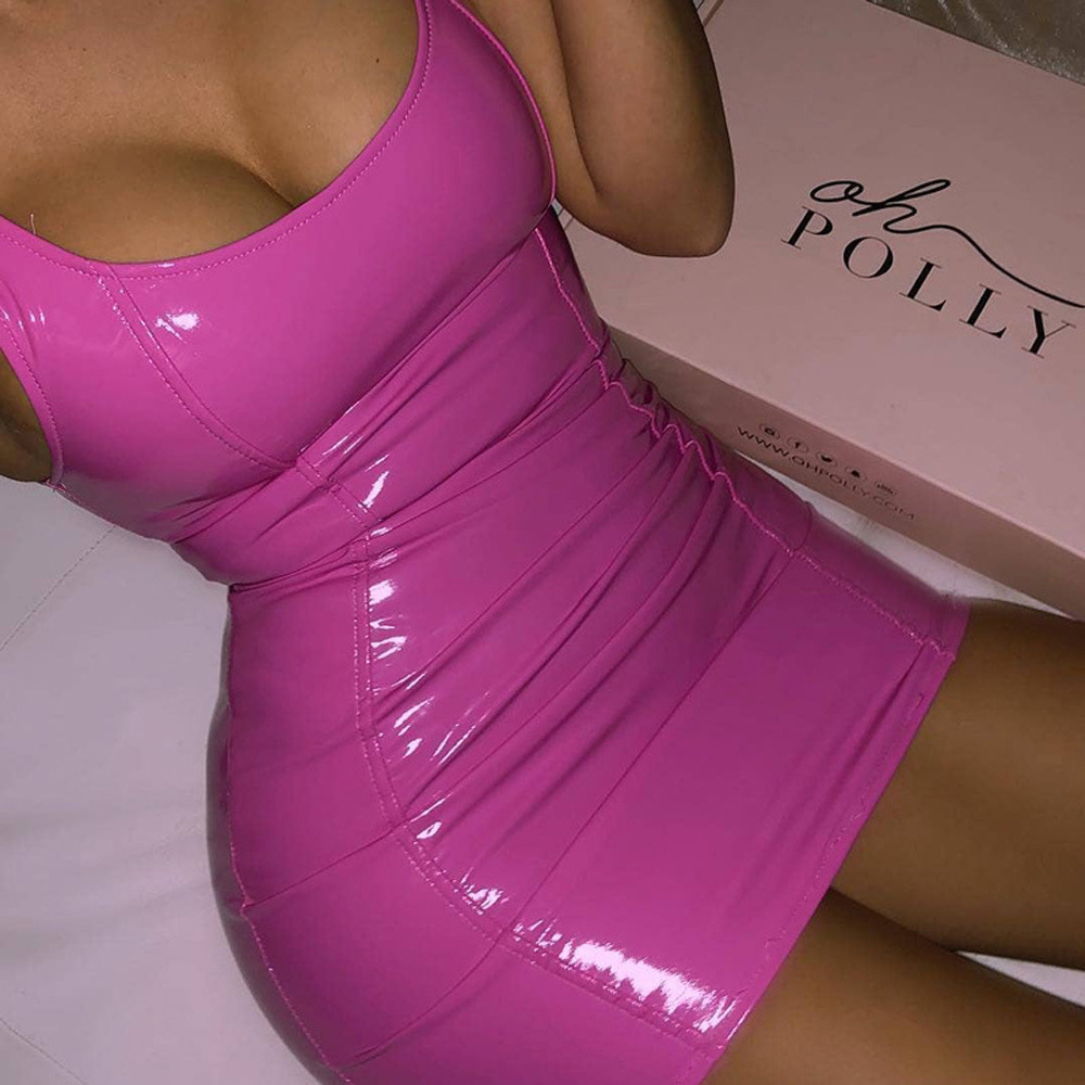 Sexy Sleeveless Bodycon Mini Dress Faux Leather Zip High Stretch Round Neck