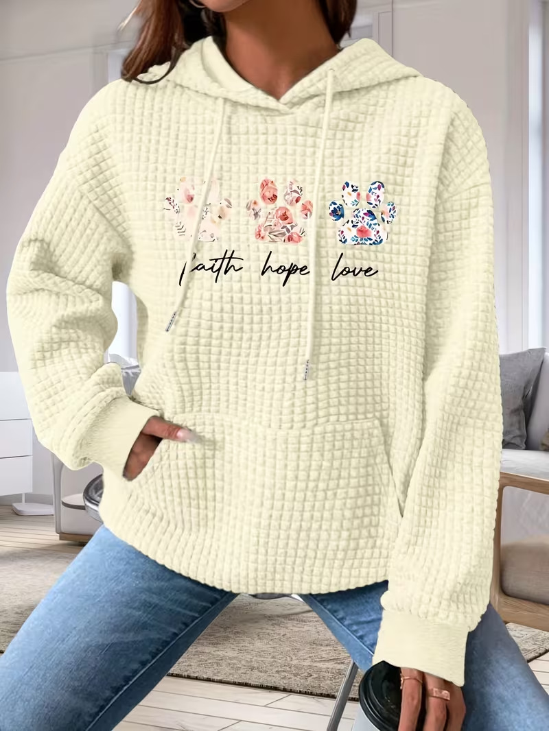 Women's Animal Paw Print Waffle Knit Hoodie Casual Pullover