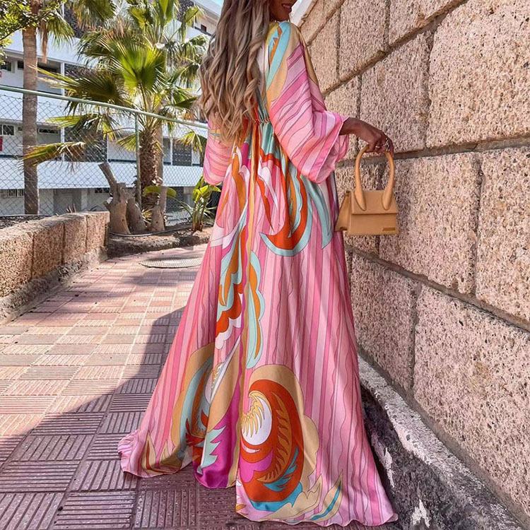 Bohemian V-Neck Slit Printed Maxi Dress Loose Fit Long Sleeve