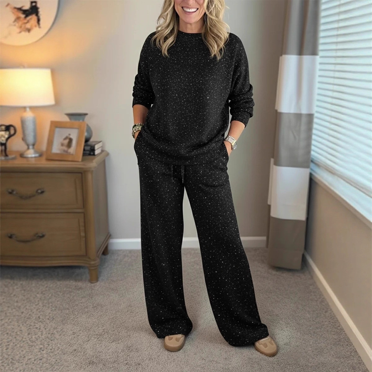 Women's Long-Sleeve Crewneck Top and Drawstring Pants Set