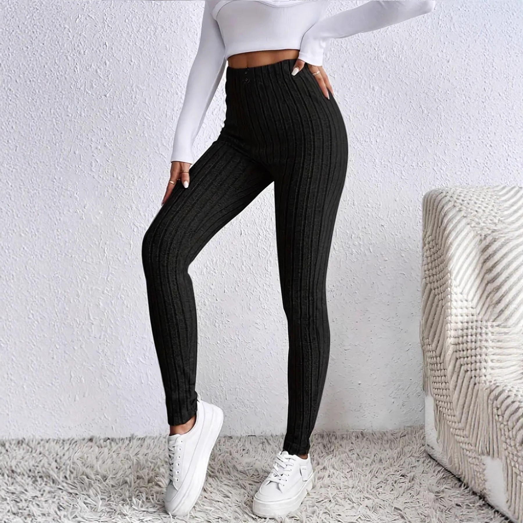 Plus Size Ribbed High Waist Fleece-Lined Leggings