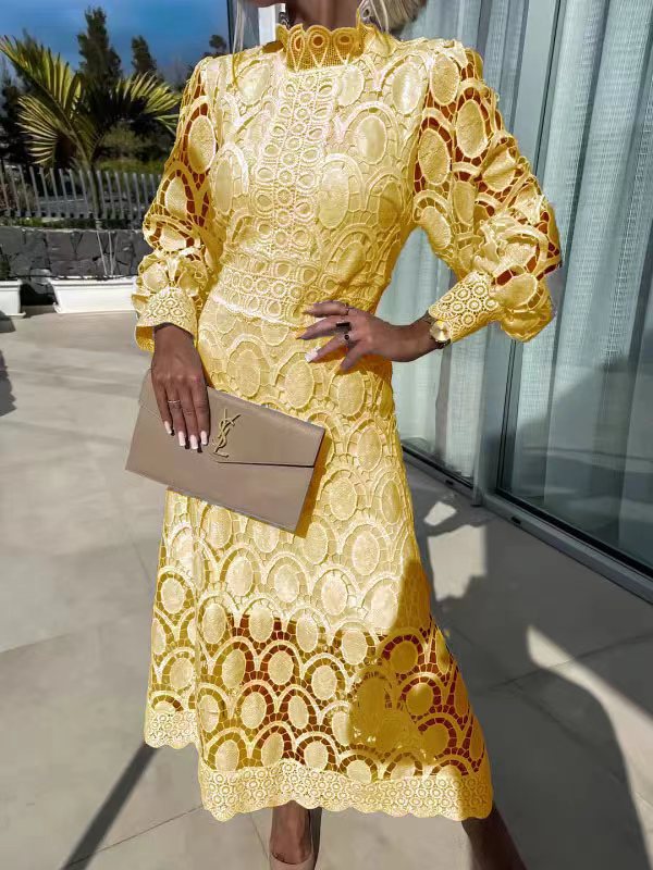 Sexy Cutout Long Sleeve Stand Collar Lace Trim Maxi Dress