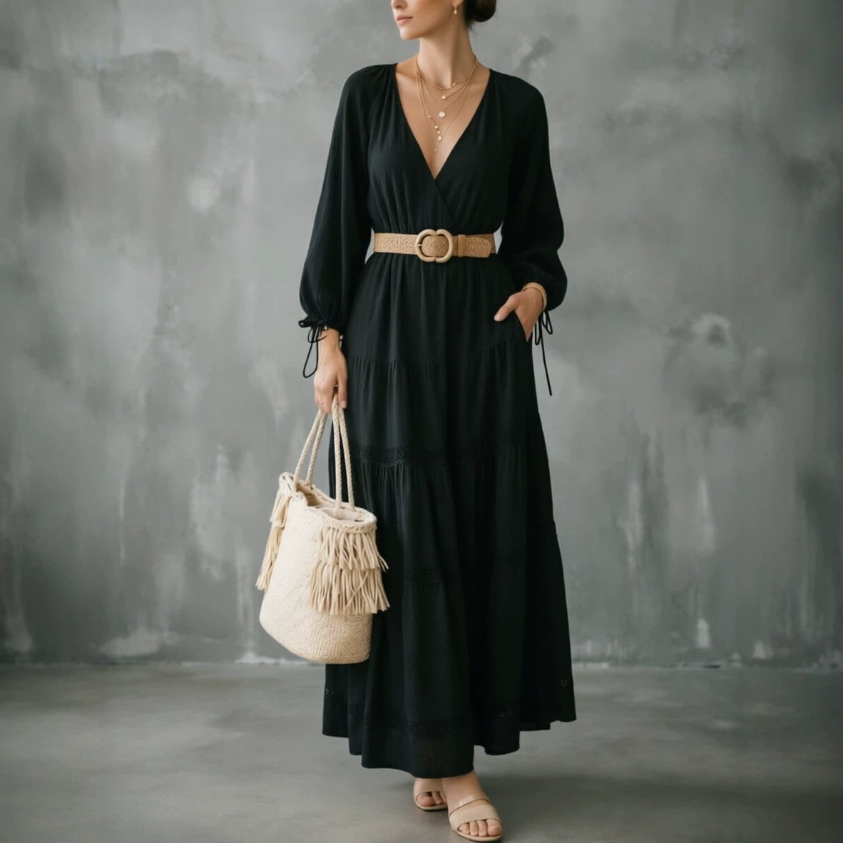 V-Neck Lace Panel Long Sleeve Midi Dress
