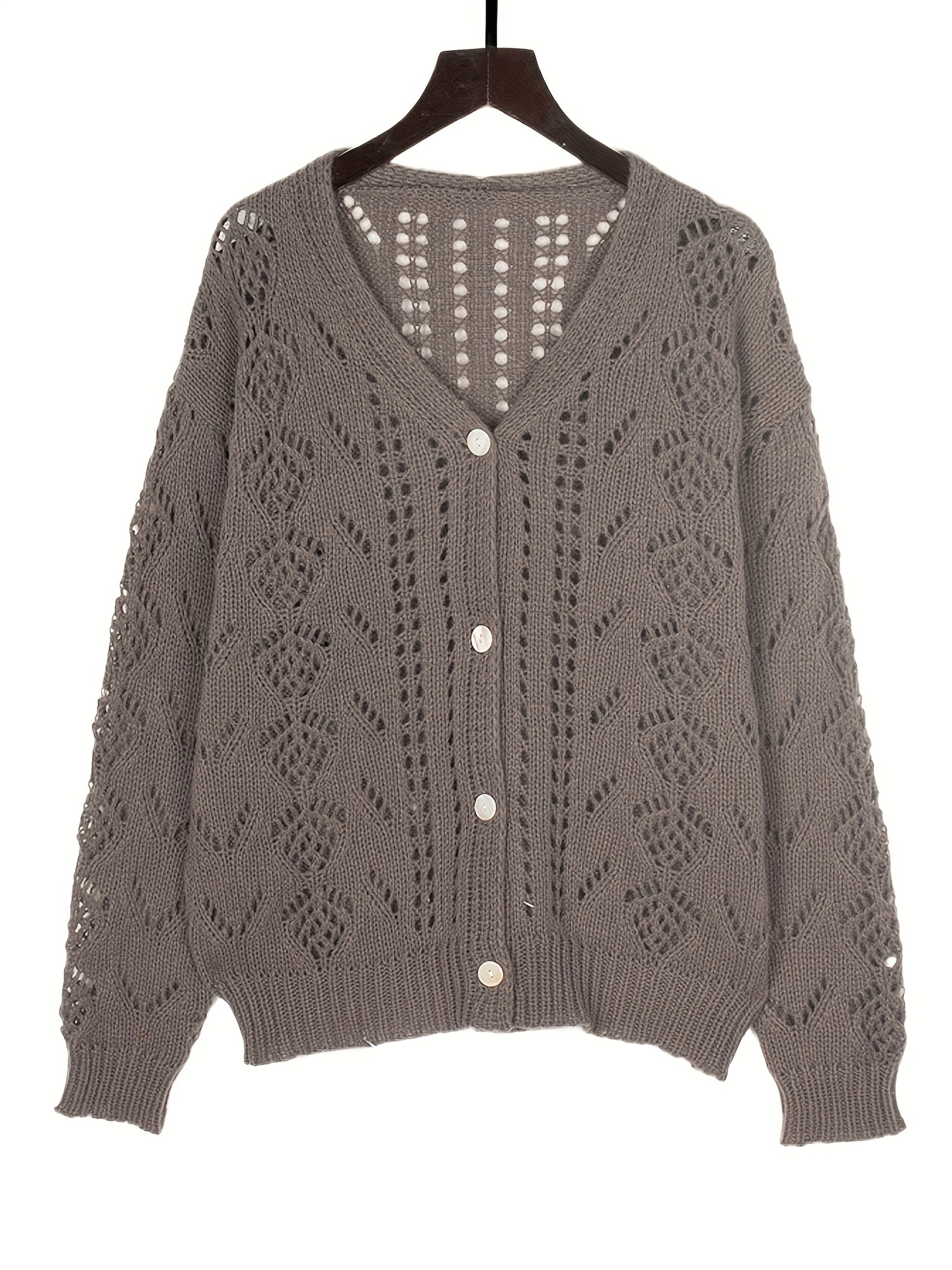 Retro Open-Knit Button-Front Cardigan V-Neck Solid Color Women's Top