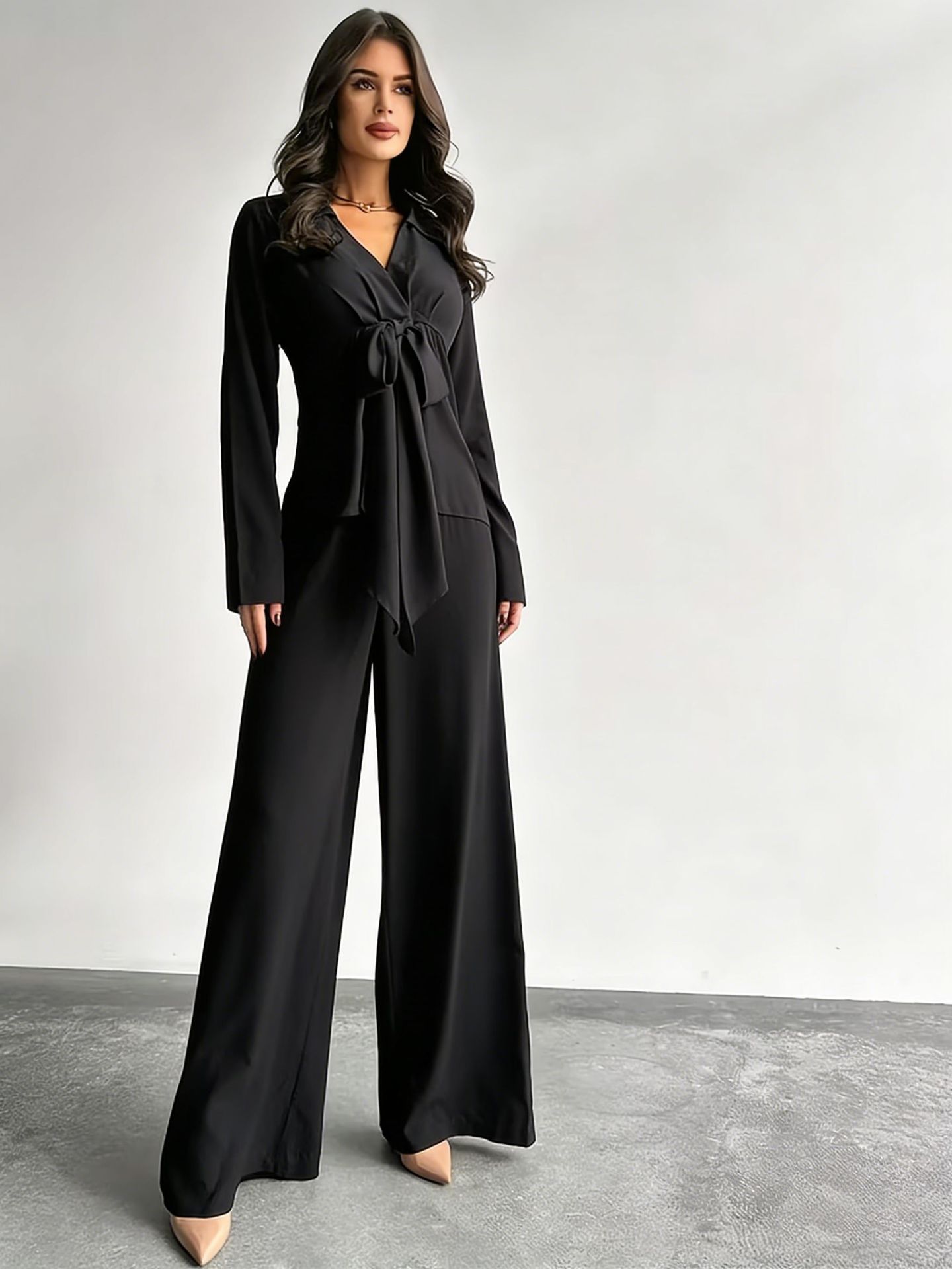 Women's Casual Two-Piece Set with Drawstring Top and Wide-Leg Pants