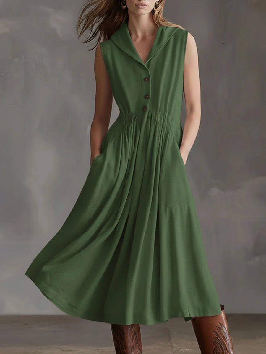 Women's Sleeveless A-Line Midi Dress with Oversized Collar