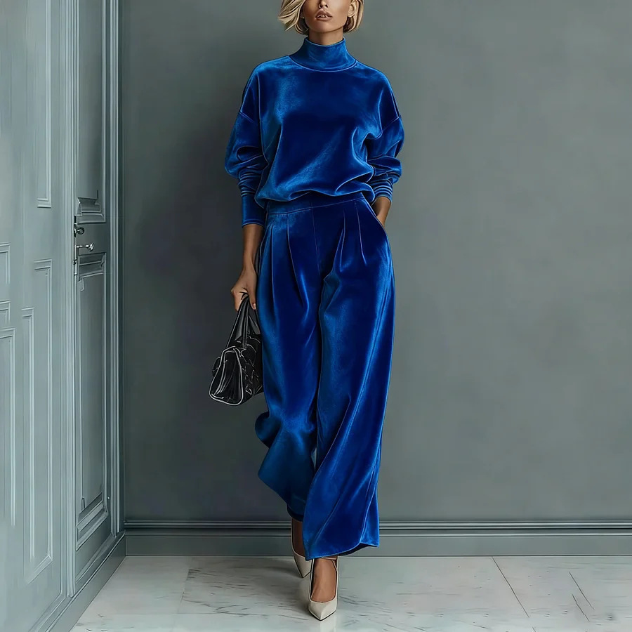 Velvet Long Sleeve Mock Neck Wide Leg Pants Two-Piece Set