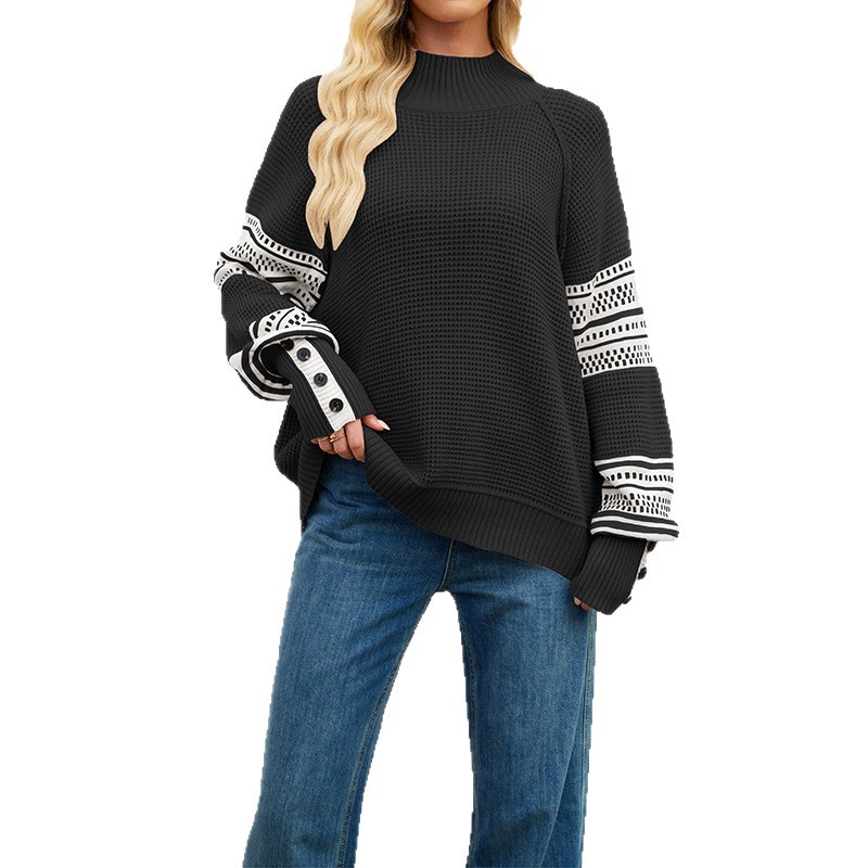 Color-Block Mock Neck Knit Sweater