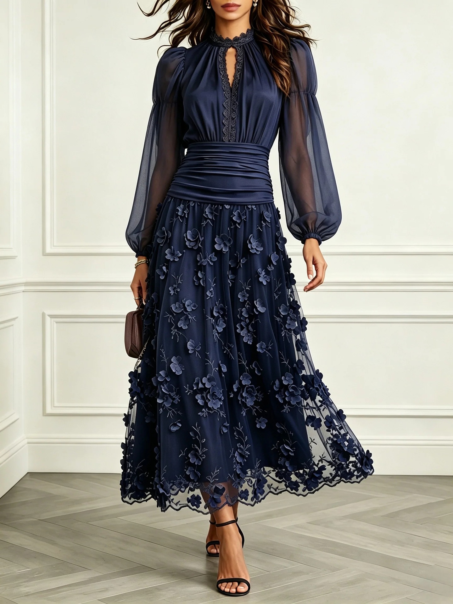 Navy Blue Mesh 3D Floral Long Dress with Stand Collar and Puff Sleeves