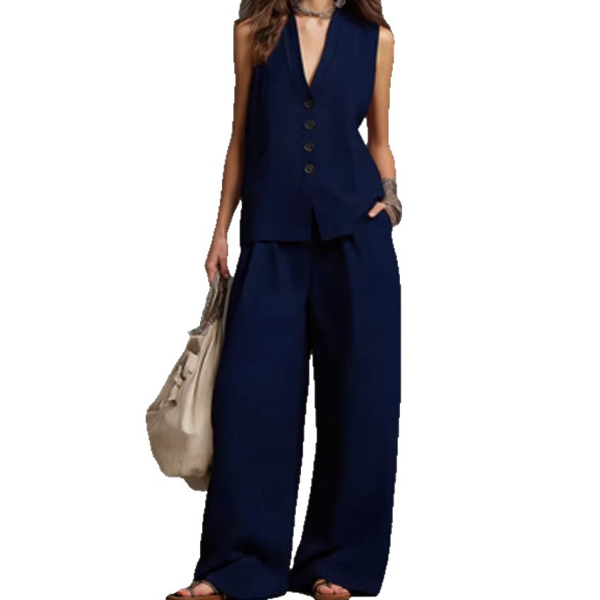 Women's Sleeveless Button Two-Piece Pant Set